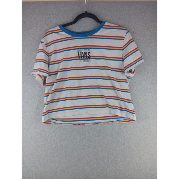 VANS Women's Boxy Striped Cropped T-shirt Red Yellow  Blue White Size L Vtg Logo - Picture 1 of 11